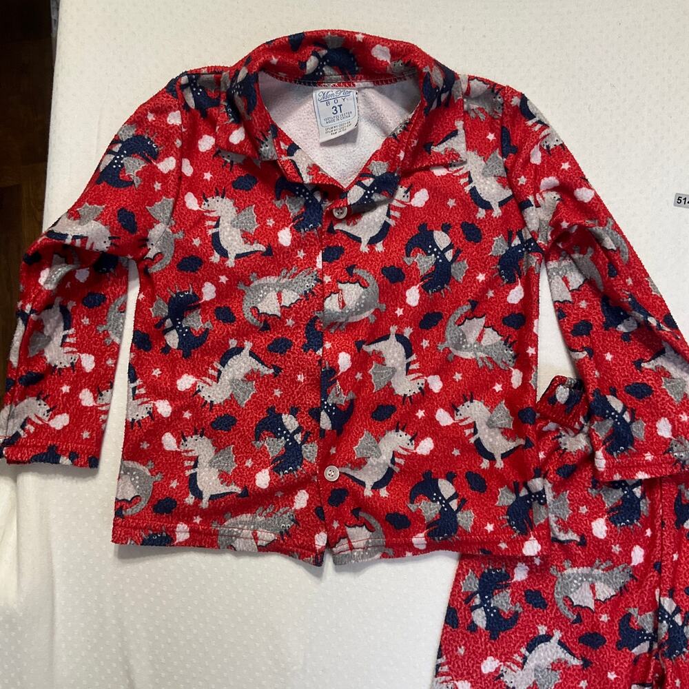 Mon Petit Boys Pijama Set size 3Y Red Long Sleeve Dragons Fleece - Picture 2 of 4